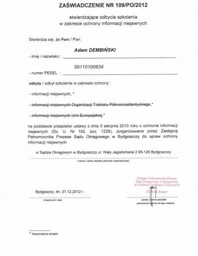 zaświadczenie ochrona informacji
