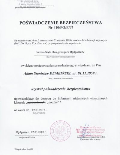 poświadczenie bezpieczeństwa adam